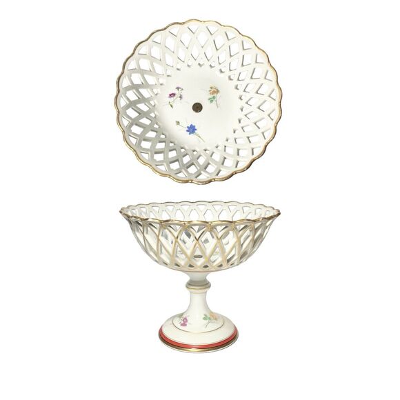 1940s Dresden-Style German Porcelain Gold Applied Reticulated Floral Compote 9” - Picture 1 of 10